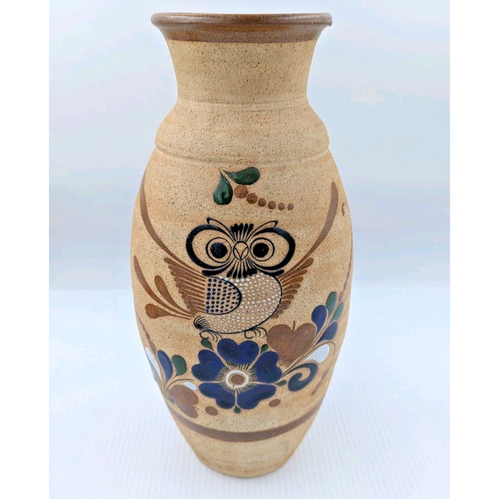 Vintage Tonala Mexican Pottery Large Vase Owl Folk Art Mexico 13 Inch Signed